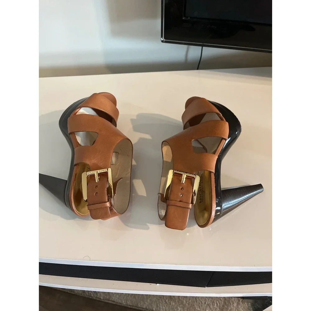 Michael Kors Tan‎ Leather Platform Sandals Gold Buckle Ankle Strap Heels